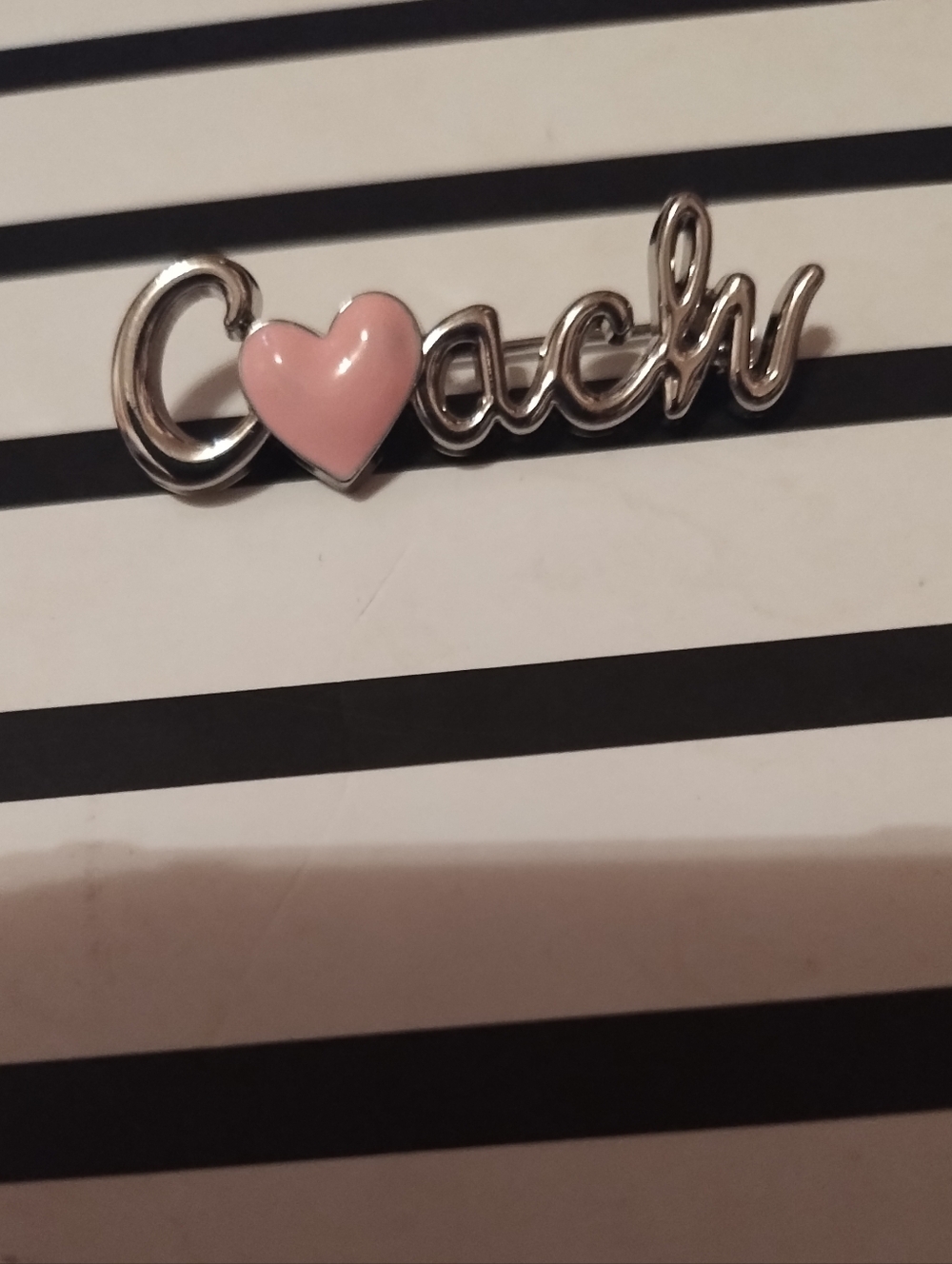 Small Coach Script Logo Pin with Pink Heart Accent